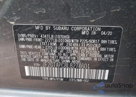 2020 Subaru Crosstrek Premium from USA, damaged, VIN JF2GTAPC8L8274601